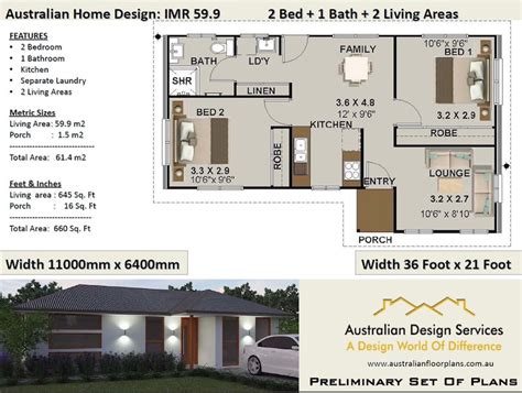 2 Bed House Plan 660 Sq Foot 614 M2 2 Bedroom Small Etsy Australia