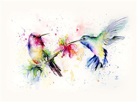 Hummingbirds Watercolor Art Print From Original Painting Limited