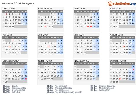 Kalender Paraguay 2024 Mit Feiertage
