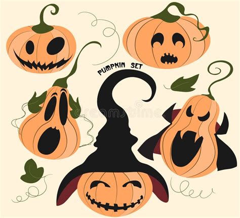 Halloween Set Of Scary Pumpkins Cartoon Vector Pumpkins With Different