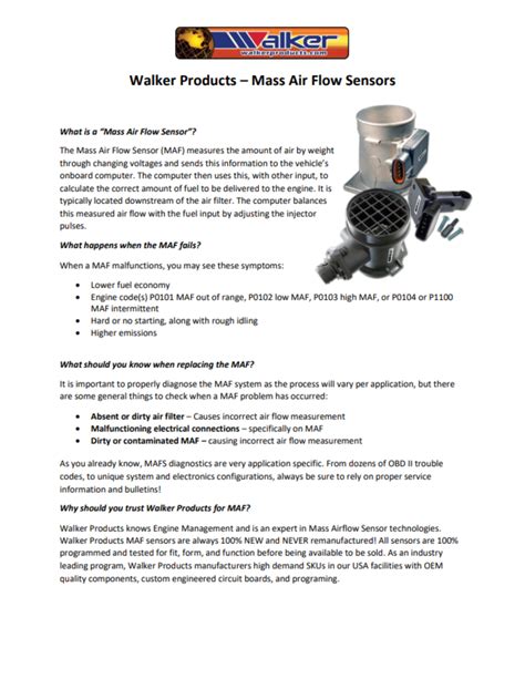 Mass Air Flow Sensors Walker Products