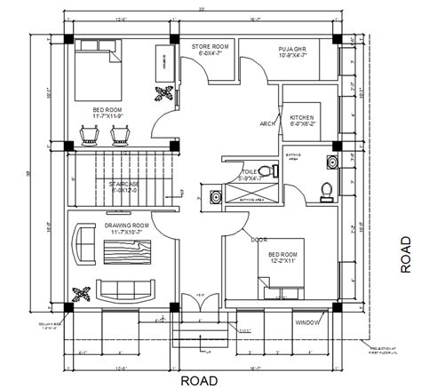 30x30 House Layout Plan Autocad Drawing Dwg File Cadbull