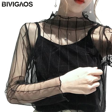 Bivigaos Spring Summer Korean Yarn Perspective Backing Shirt Women Mesh Black Lace Sexy T Shirt
