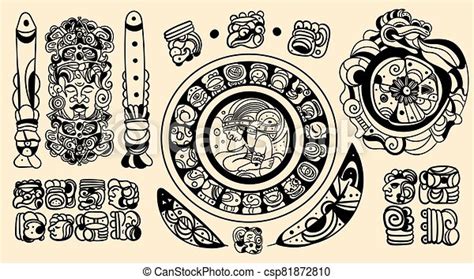 Set Of Intricate Black Mayan Tattoo Designs In Traditional Tribal Patterns Isolated On An Off