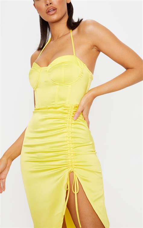 Yellow Satin Corset Detail Ruched Side Midi Dress Prettylittlething Ca
