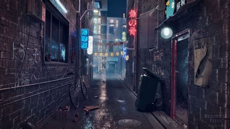 Alleyway Anime Night City Background Alley Urban Storefronts Town