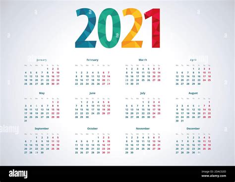 Simple European Calendar 2021 Week Starts From Monday Stock Photo Alamy