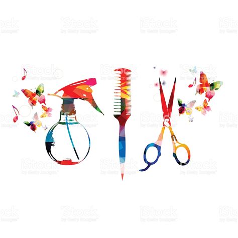 Hairdressing Tools Background With Colorful Comb Scissors And Sprayer