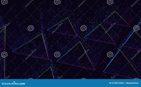 Futuristic Triangles Pattern With Motion Small Neon Glitters Stock
