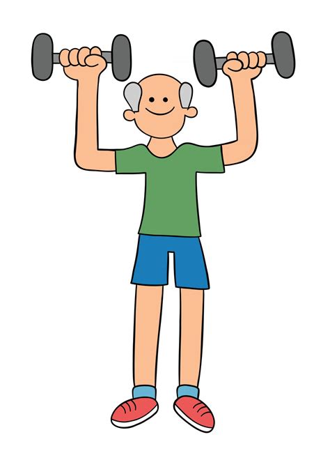 Cartoon Old Man Exercising And Lifting Weights Vector Illustration