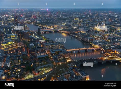 Aerial View Of River Thames In London On A Cloudy Day At Dusk Stock