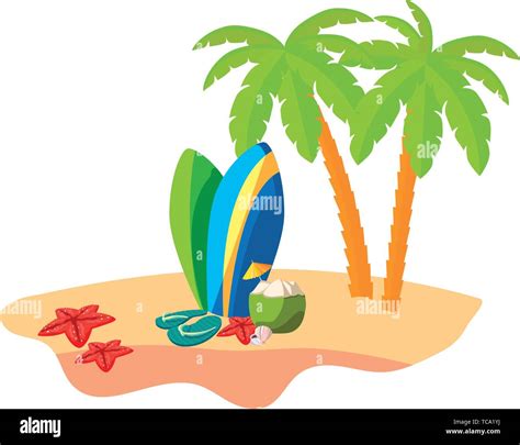 Summer Beach Scene With Tree Palms And Surfboards Vector Illustration Design Stock Vector Image