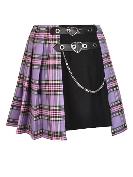 Black And Purple Plaid Street Fashion Gothic Pleated Short Skirt
