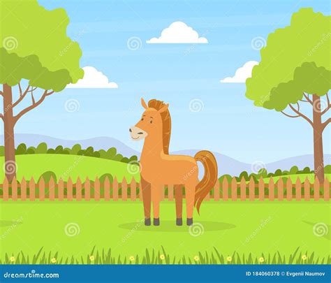 Beautiful Summer Rural Landscape With Green Field And Grazing Horse