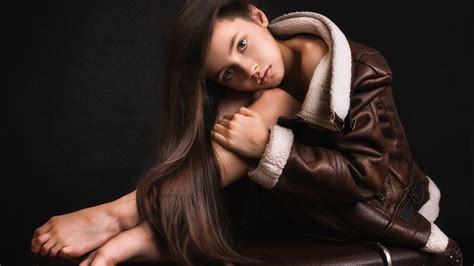 1920x1080 Brunette Woman Girl Brown Eyes Model Long Hair Leather Jacket Wallpaper