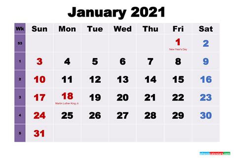 Printable January 2021 Calendar With Holidays Word Pdf
