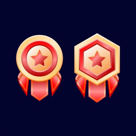 Premium Vector Game Ui Glossy Golden Rank Badge Medals With Ribbon