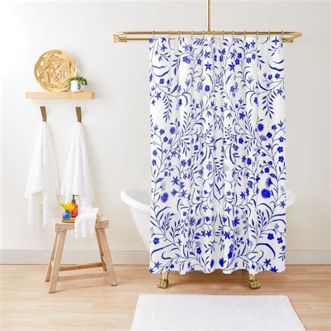 Blue Floral Embroidery Shower Curtain For Sale By Virtualmagpie Redbubble