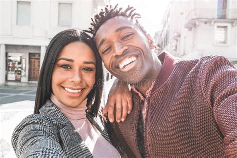 Latin Couple Taking Selfie Photo For Social Network Story Influencers People Having Fun With