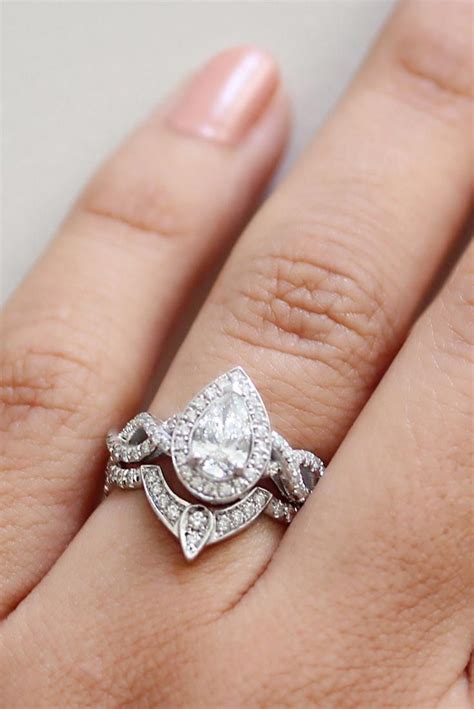 Unique Pear Diamond Halo Engagement Rings Set With Infinity Twist Band
