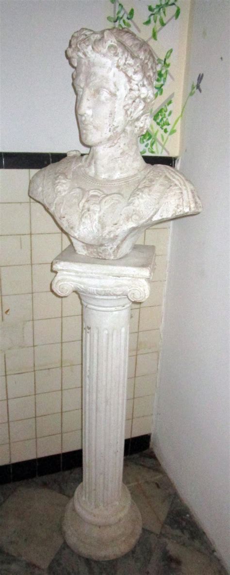 Pair Of Greek God Garden Statue Busts On Ionic Column Pedestals For