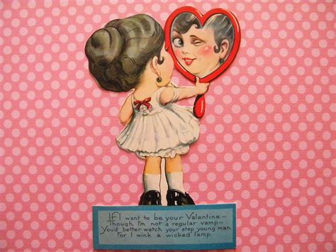 Vintage Valentine Card Flirty Woman Winks into Heart Shaped Mirror Signed | Vintage valentine ...
