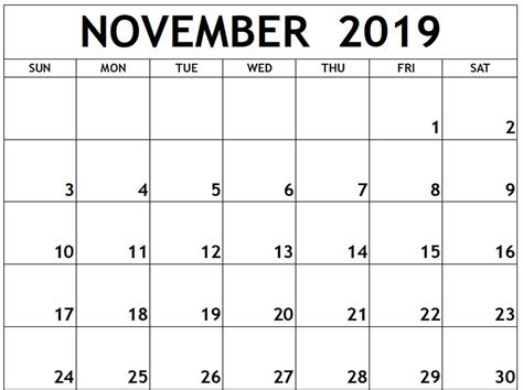 November 2019 Calendar Template Excel Calendar Template Blank