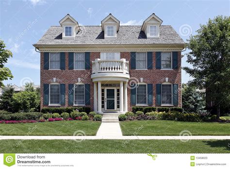 Hi johnny shutters help conserve energy if they are working shutters and are closed during the winter. Brick Home With Blue Shutters Stock Image - Image of ...