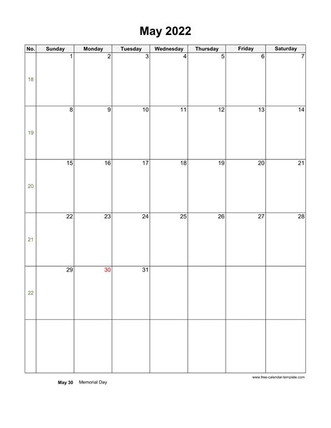 2022 May Calendar Blank Vertical Template Free Calendar