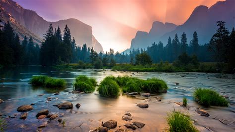 Download Sunrise Yosemite National Park Stream Mountains 2560x1440