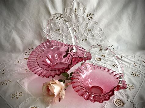 Cranberry Pink Basket Set Fenton Style Pink Glass Baskets Etsy Pink Basket Pink Glass Etsy