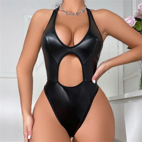 ♠ Sexy Lingerie Bodysuit Latex Leather Body Sex Costume Rompers Women Bra Teddies Sexy Underwear