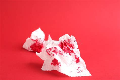 Sheets Of Toilet Paper With Blood On Red Hemorrhoid Problems Stock