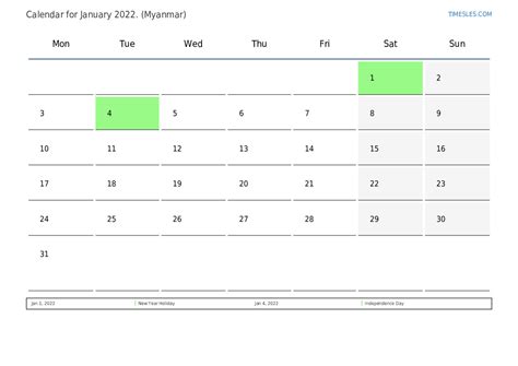 January 2022 Calendar With Holidays In Myanmar Print And Download