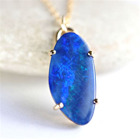 Australian Blue Opal Pendant 14k Gold Prong Setting Blue Opal Necklace