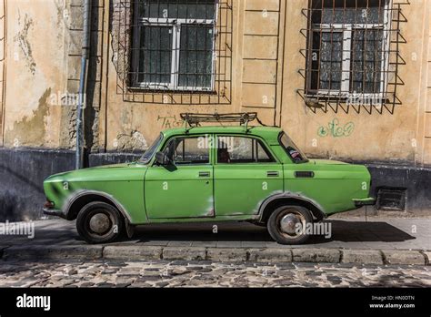 Old green Russian car in Lviv, Ukraine Stock Photo - Alamy