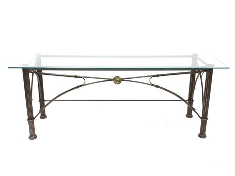 Ds Wrought Metal Console Table The Glass Top Over Reeded Cylindrical Supports With Bowed