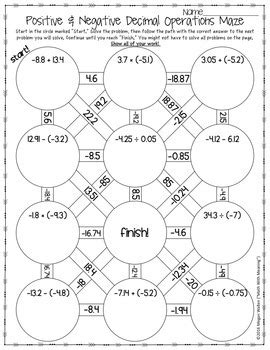 Positive & Negative Decimal Operations Maze Worksheet by Math With Meaning