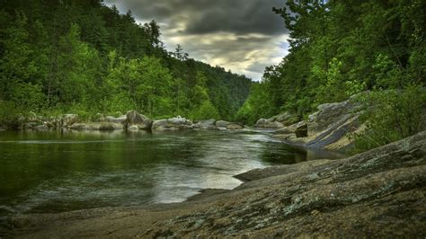 Wallpaper Id 177839 Forest Rocks Green River Hdr Clouds