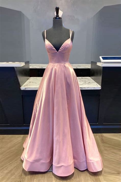 Simple V Neck Pink Satin Long Prom Dress Pink Formal Dress Pink