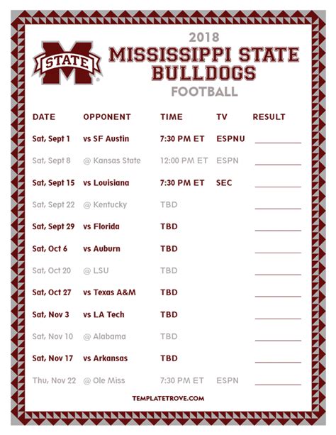 Printable 2018 Mississippi State Bulldogs Football Schedule