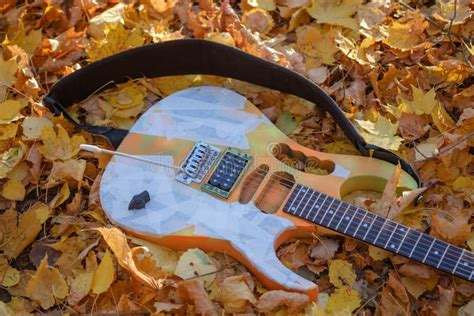 Homemade Electric Guitar Lies On Yellow Foliage Stock Image Image Of