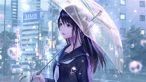 1360x768 Anime Girl Rain Water Drops Umbrella Laptop Hd Hd 4k