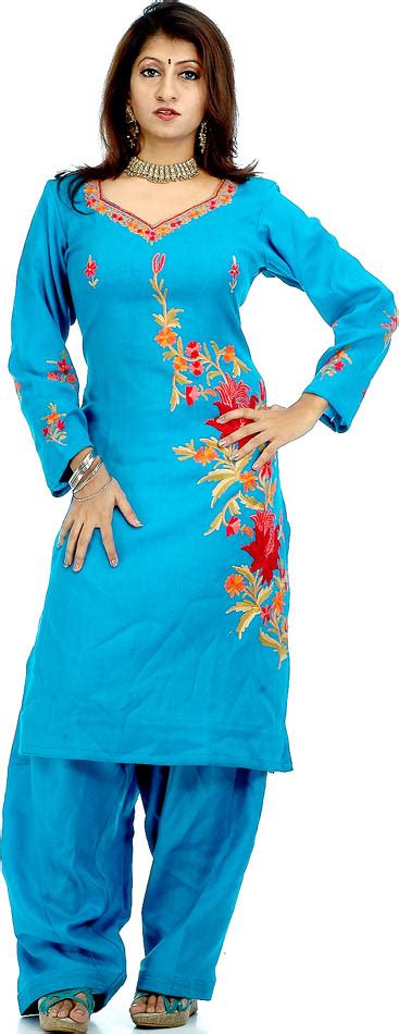 Turquoise Two Piece Kashmiri Salwar Kameez With Aari Embroidery