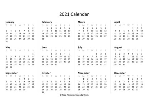 2021 Calendar Horizontal