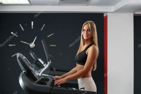 Sport Time Beautiful Girl Exercising On Treadmill Stock Photo By