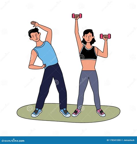Young Couple Athlete Practicing Exercise Characters Stock Vector