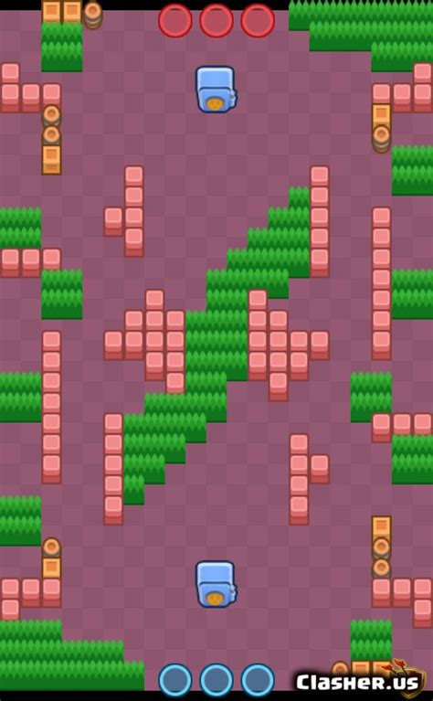 The map features a diagonal patch of bushes ranging from the center bottom to top. Hot Potato - Heist map - Brawl Stars | Clasher.us