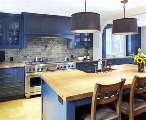 Blue kitchen cabinets are a good idea if they're going to work for you. blue kitchen cabinets with wood countertops - Google ...