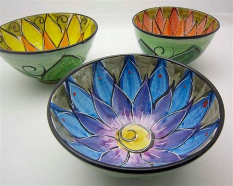 Majolica Pottery Bowl Clay Blue Purple Lotus Flower Small Serving